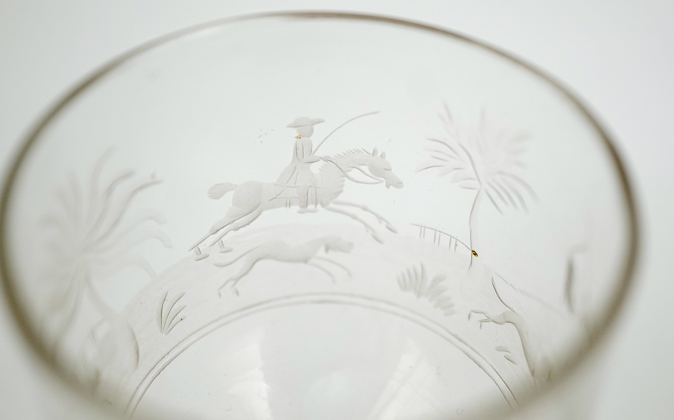 Two faceted wine glasses, engraved with hunting scenes, c.1780